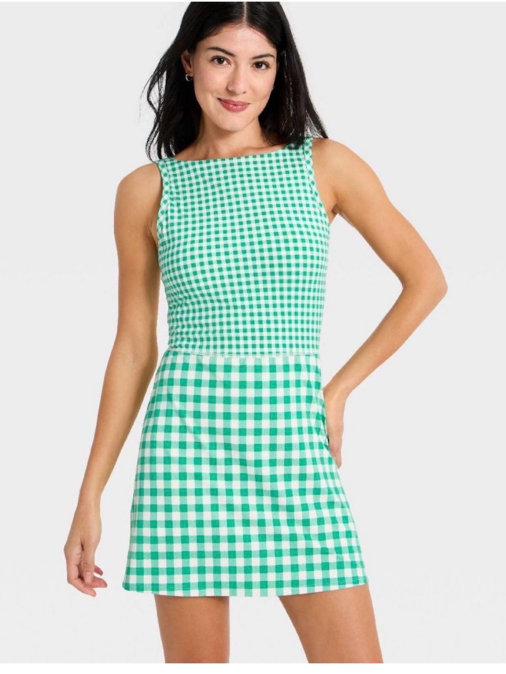 NWT All In Motion Women's Knit High Neck Active Dress Green Gingham Sz S